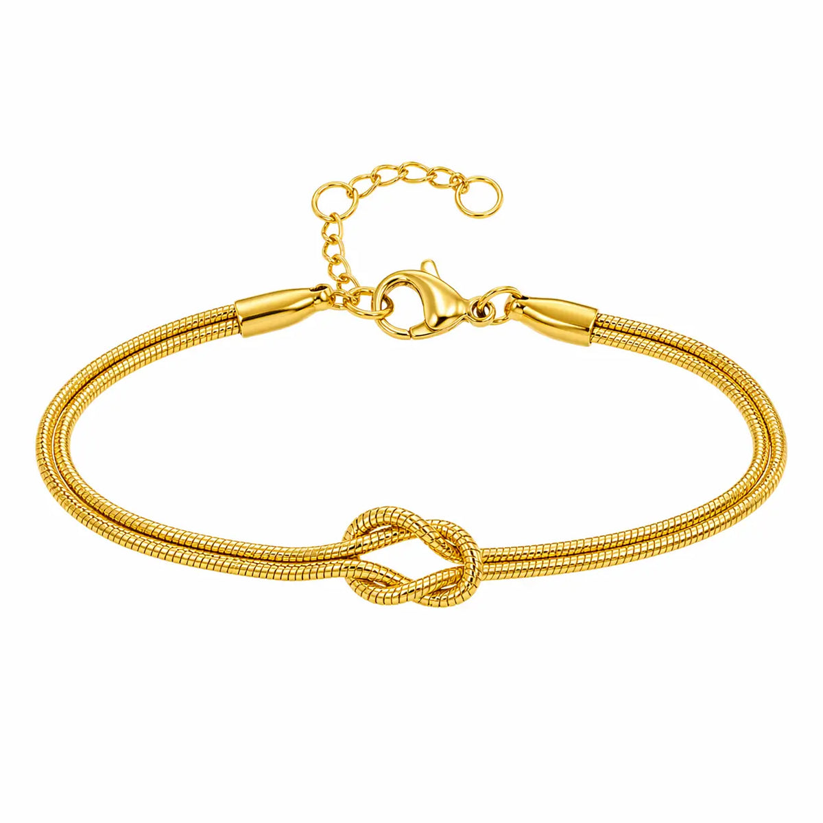 Pulseira feminina dourada Snake Duo Love minimalista com nó central elegante fundo branco