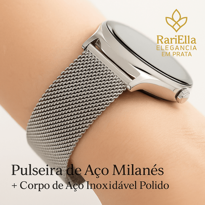 "Relógio RariElla Silver Elegance no pulso feminino, mostrando pulseira de aço milanês premium e corpo de aço inoxidável polido."
