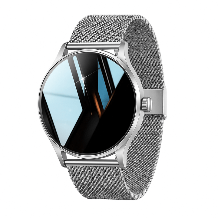 Close-up do relógio feminino RariElla Silver Elegance em aço prata com pulseira milanesa e design premium, exibido em fundo branco profissional