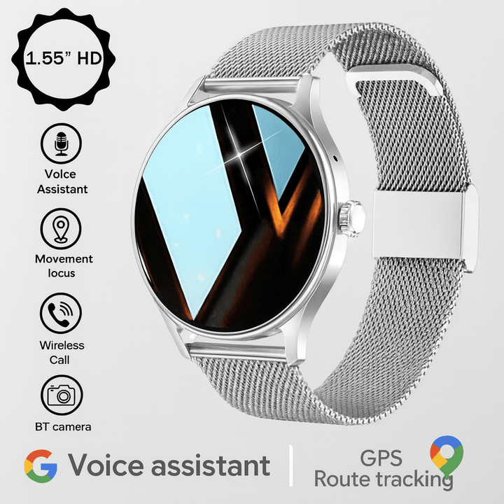 Smartwatch feminino RariElla Silver Elegance em aço inoxidável prata com pulseira milanesa, tela HD 1.55'', assistente de voz, GPS e chamadas via Bluetooth.