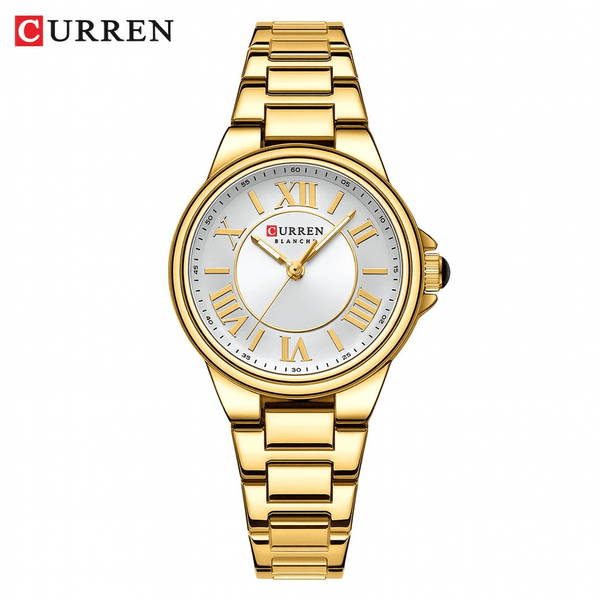 Relógio feminino Curren dourado com pulseira de metal e mostrador analógico, fotografado em fundo branco.