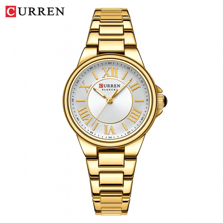 Relógio feminino Curren dourado com pulseira de metal e mostrador analógico, fotografado em fundo branco.