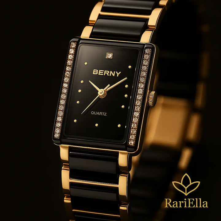 Close-up do Relógio Feminino Berny black gold, destacando caixa retangular, cristais e pulseira preto e dourado em foto premium RariElla.