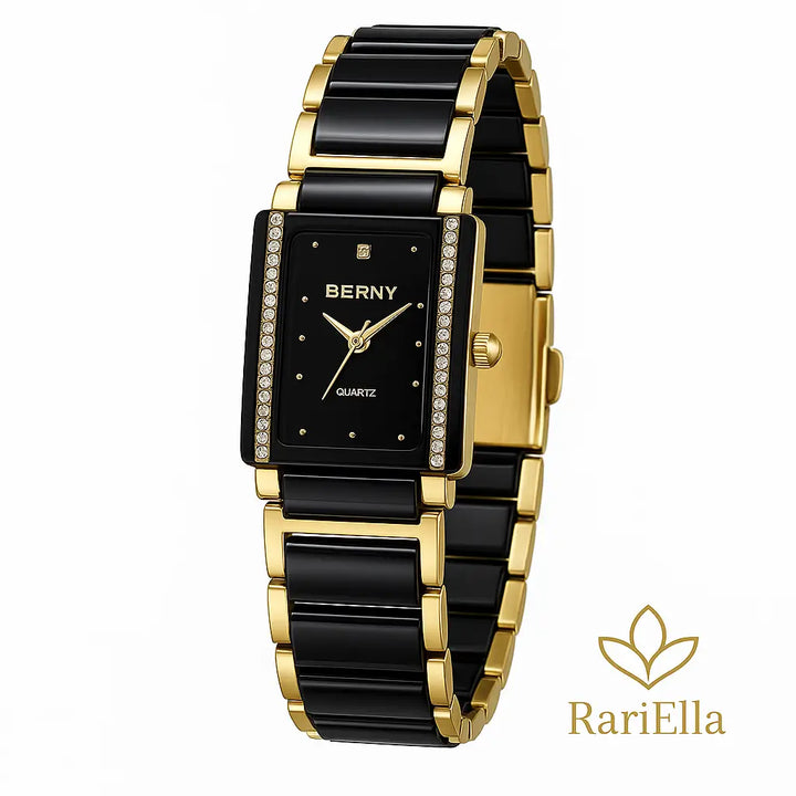 Relógio feminino Berny quadrado preto e dourado com pulseira de cerâmica premium – RariElla
