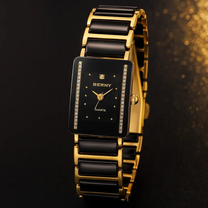 Relógio Feminino Berny preto e dourado com pulseira de cerâmica e cristais, modelo retangular de luxo, fotografia premium estilo joalheria — RariElla.
