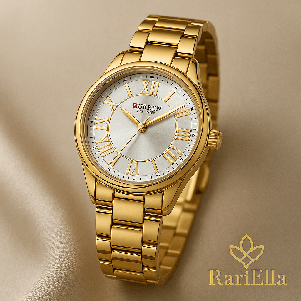 Close-up do Relógio Feminino Curren Gold Majesty dourado, destacando detalhes do mostrador e pulseira em foto de luxo RariElla.