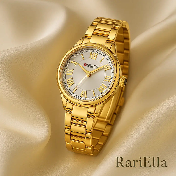 Relógio Feminino Curren Gold Majesty dourado em foto premium sobre tecido acetinado, destacando elegância e detalhes do mostrador.