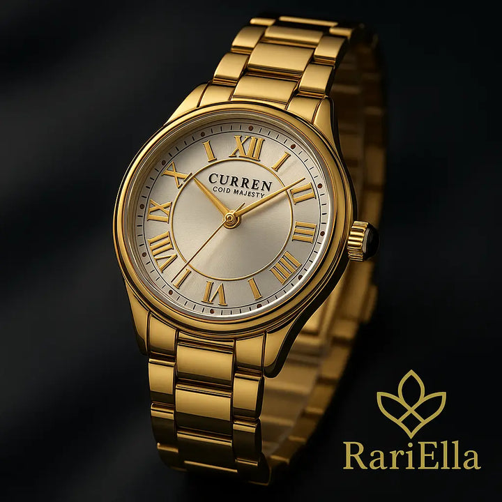Relógio Feminino Curren Gold Majesty dourado em fundo escuro, destacando brilho, luxo e detalhes da pulseira em foto premium RariElla.