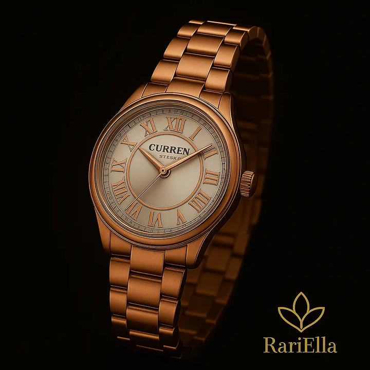 Relógio Feminino Curren Rose Elegance em rose gold, com mostrador prata e detalhes premium, fotografia de luxo RariElla.