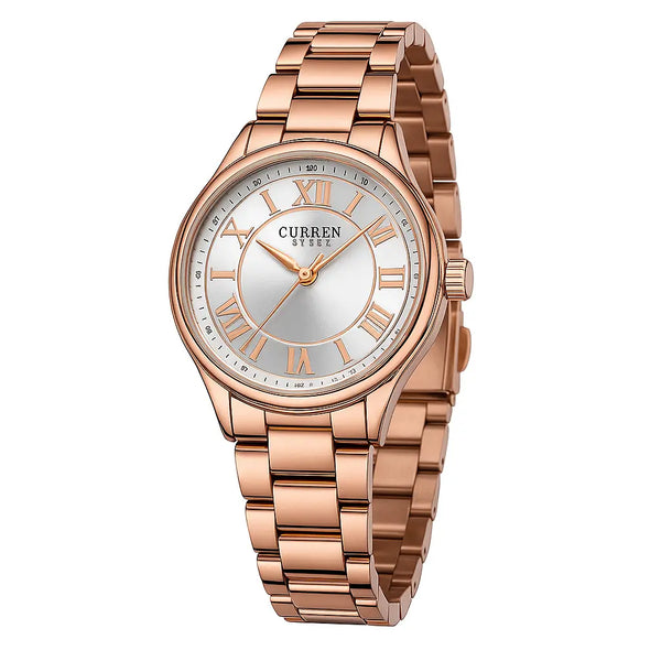 Relógio Feminino Curren Rose Elegance em rose gold, mostrador clássico com algarismos romanos, fotografado em fundo branco para destaque do produto.