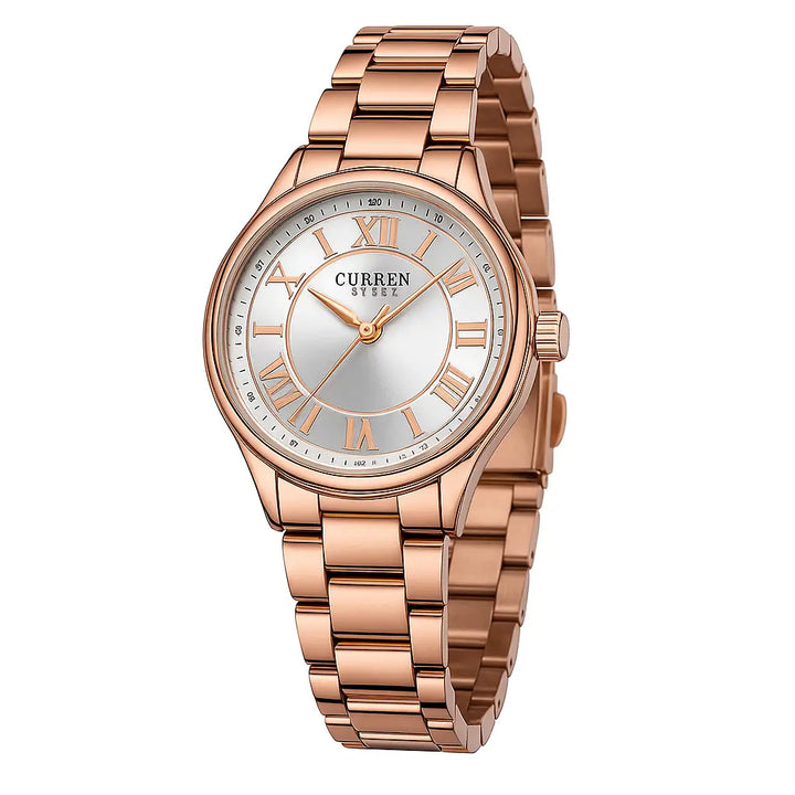 Relógio Feminino Curren Rose Elegance em rose gold, mostrador clássico com algarismos romanos, fotografado em fundo branco para destaque do produto.