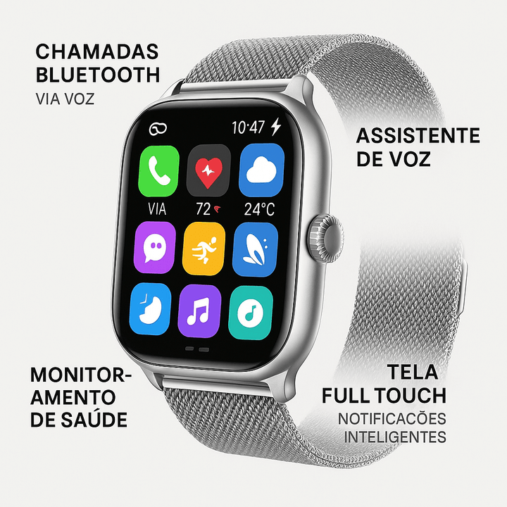 Smartwatch Feminino Elegance Milan com chamadas Bluetooth, assistente de voz, monitoramento de saúde e tela full touch com notificações inteligentes