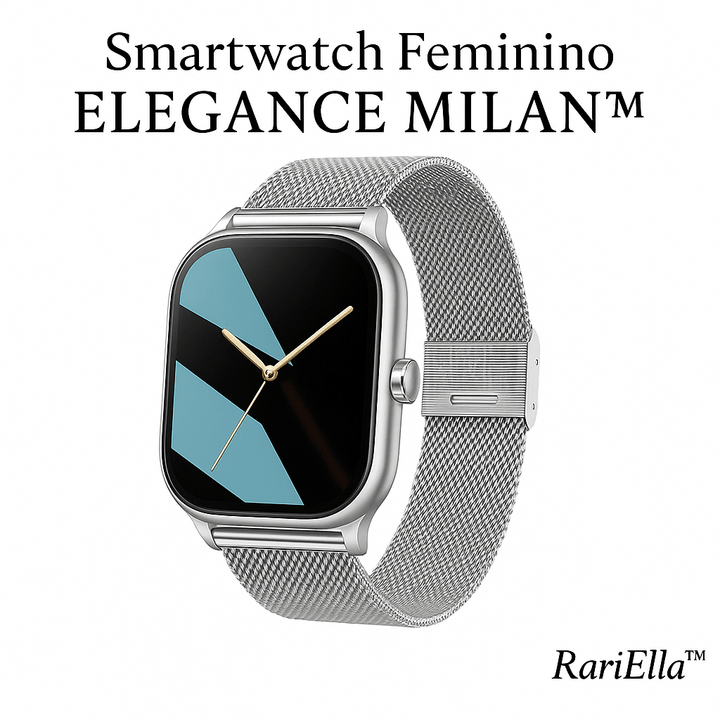 Smartwatch Feminino Elegance Milan com pulseira milanese prata em fundo branco, design minimalista e acabamento premium