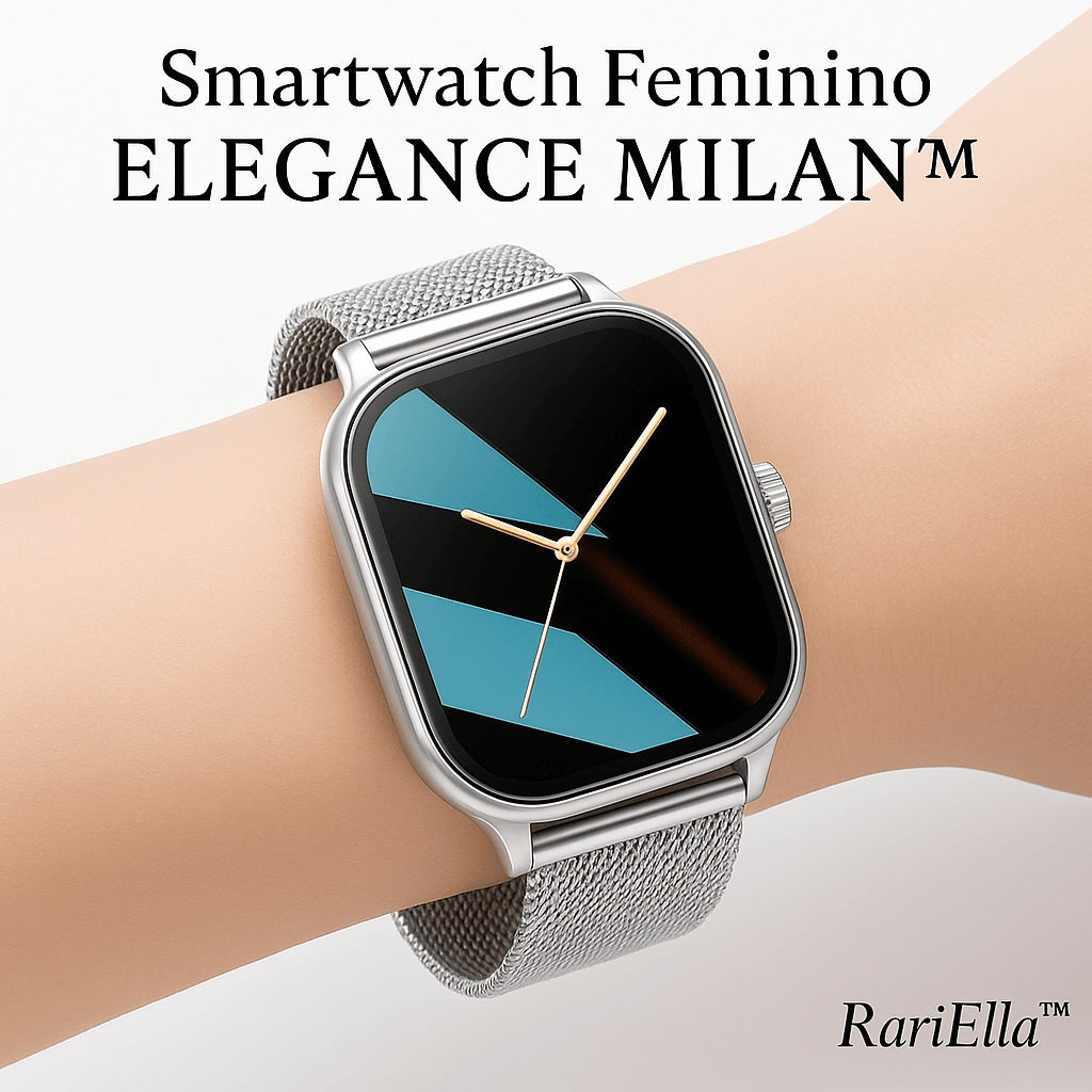 Smartwatch Feminino Elegance Milan no pulso, com pulseira milanese prata e design premium em aço inox da RariElla