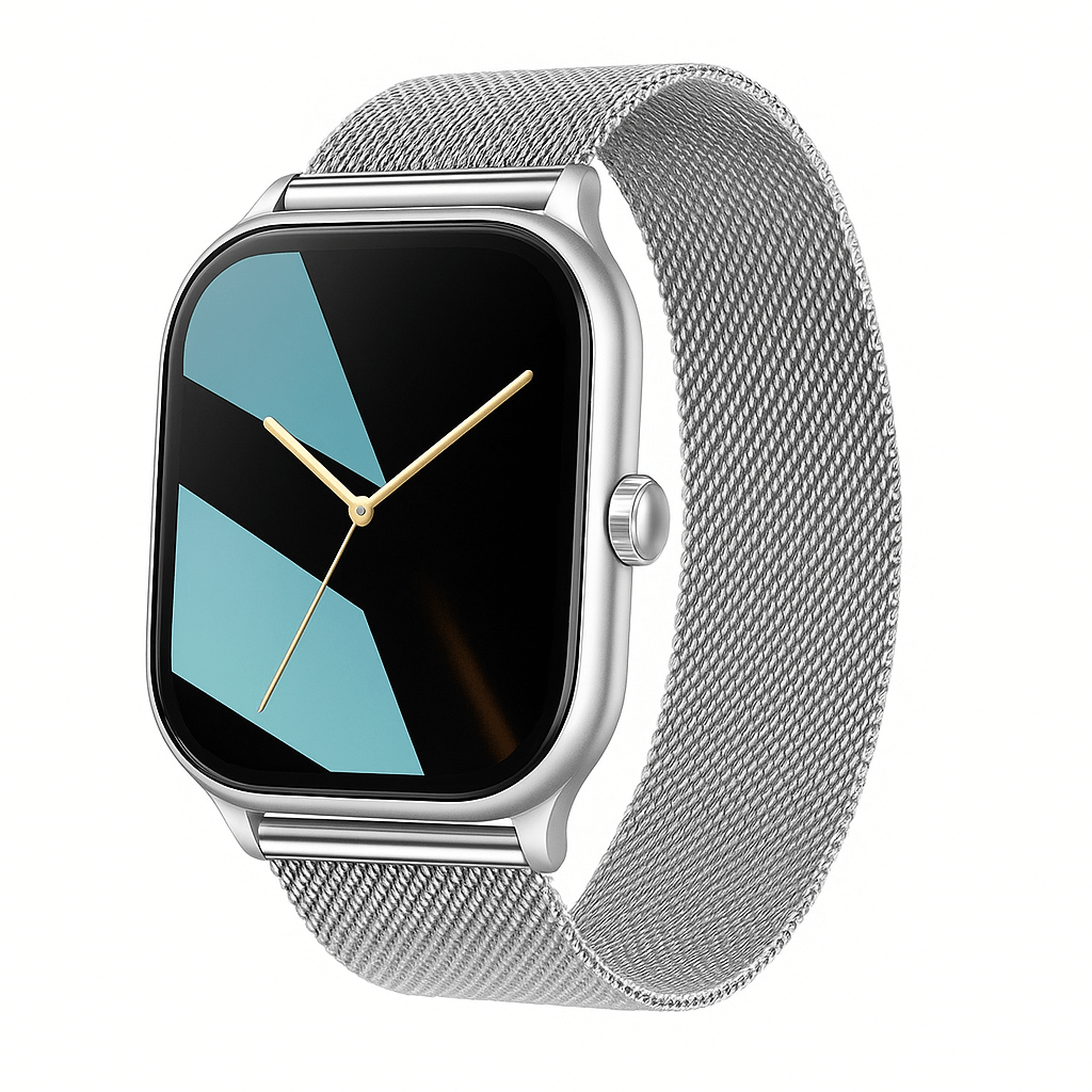 Smartwatch Feminino Elegance Milan em aço inox prata com pulseira milanese, imagem premium clean sem texto
