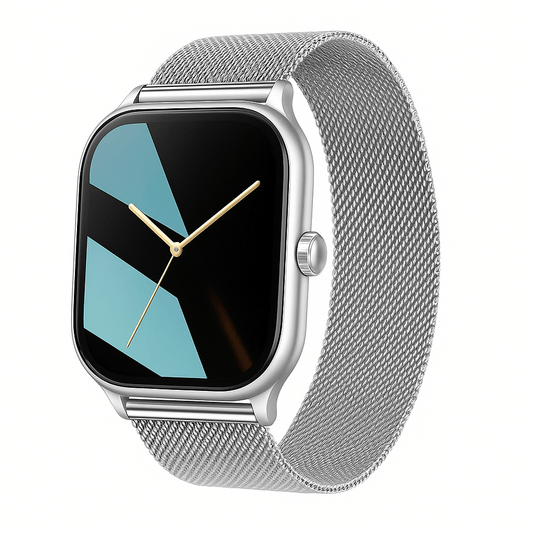 Smartwatch Feminino Elegance Milan em aço inox prata com pulseira milanese, imagem premium clean sem texto