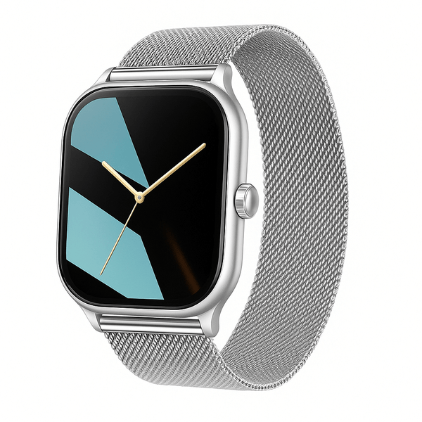 Smartwatch Feminino Elegance Milan em aço inox prata com pulseira milanese, imagem premium clean sem texto