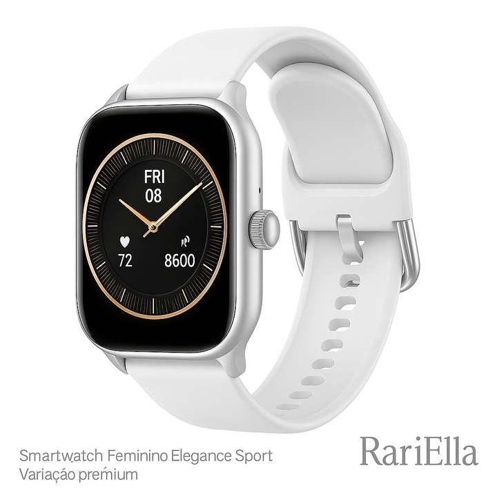 Smartwatch Feminino Elegance Sport da RariElla com pulseira de silicone branco e mostrador premium em fundo branco