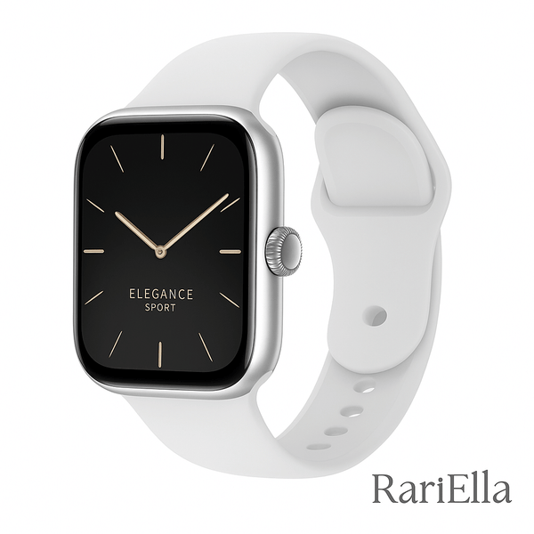 Smartwatch Feminino Elegance Sport da RariElla com pulseira de silicone branco e mostrador minimalista em fundo branco