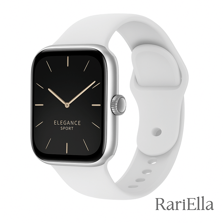 Smartwatch Feminino Elegance Sport da RariElla com pulseira de silicone branco e mostrador minimalista em fundo branco