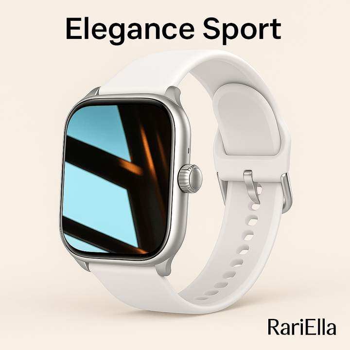 Smartwatch Feminino Elegance Sport com pulseira de silicone branco, tela Full Touch e design premium da RariElla