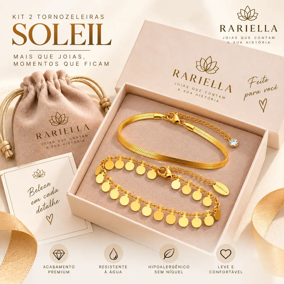 Kit de tornozeleiras douradas Soleil em embalagem para presente Rariella