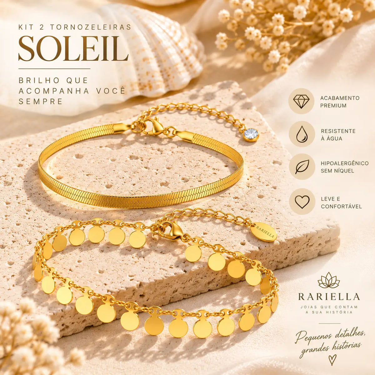 Kit Soleil com duas tornozeleiras douradas femininas em composição elegante